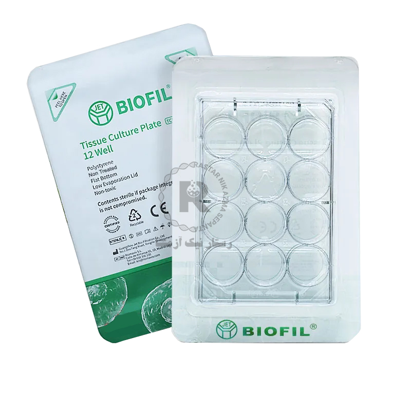 پلیت کشت سلولی 12 خانه با درب،تک استریل ته صاف بچسب (ST) برند JETBIOFIL